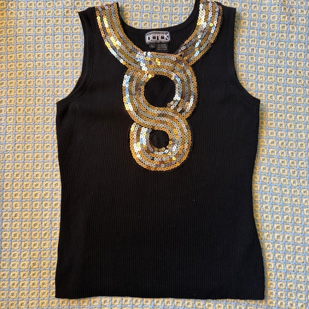 Berek Vintage 2000s Sequin Tank Top Black Gold Silver Mesh Cutout Large